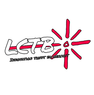 Logo von LaserCleanTec Bavaria, mit weißen Buchstaben LCTB und einem roten Laserstrahl im Hintergrund